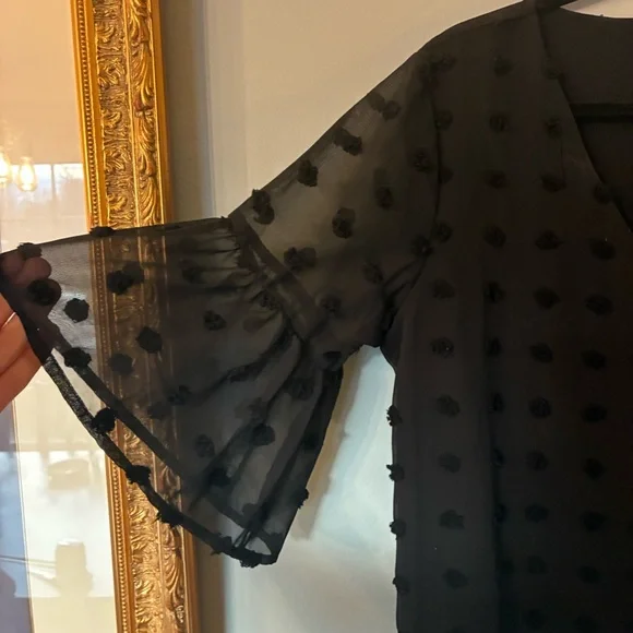 Blooming Jelly Black Polka Dot Chiffon Shift Dress V-Neck Ruffle Lined Sz M - Picture 5 of 8